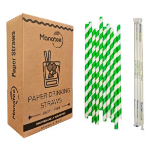 200pcs Biodegradable Straws - Green and White - Individually Wrapped