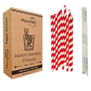 200pcs Biodegradable Straws - Red and White - Individually Wrapped